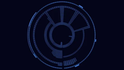 Complex network blueprint circular diagram with hub and connected circles Stock Footage 274172850