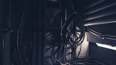 Complex network of cables in a dimly lit industrial space Stock Footage 331401956