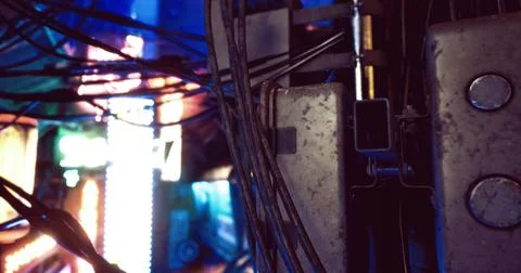 Complex network of cables illuminated by neon lights in urban environment Stock Illustration