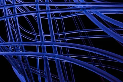 A complex network of glowing blue and purple tubes crisscrosses against a d.. Stock Illustration