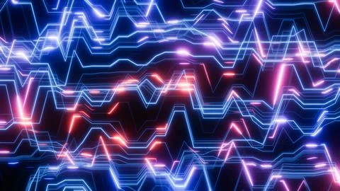 Complex network of glowing neon color lines forming a technological pattern on a Stock Illustration