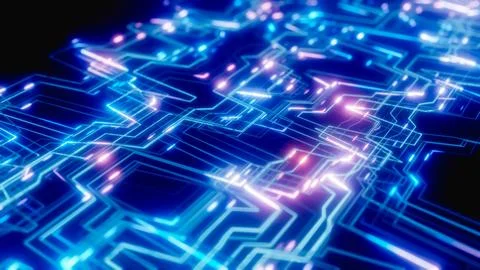 Complex network of glowing neon color lines forming a technological pattern on a Stock Illustration