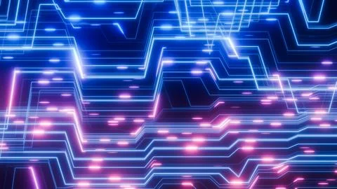 Complex network of glowing neon color lines forming a technological pattern on a Stock Illustration