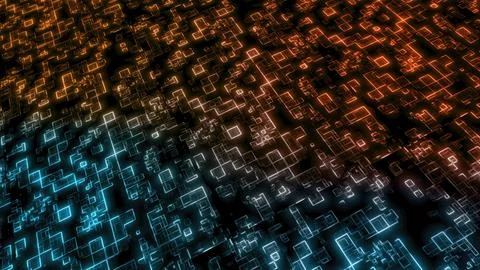 Complex network of glowing squares creating a futuristic technological land.. Stock Photos