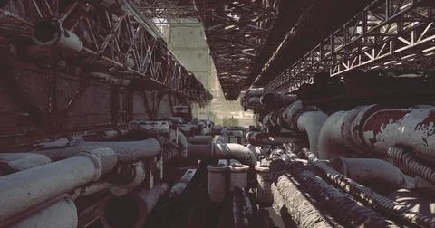 Complex network of industrial pipes in an abandoned facility under sunlight 스톡 일러스트