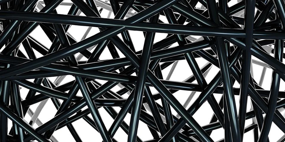 Complex network of intersecting black metal struts against a white background 3d Stock Illustration