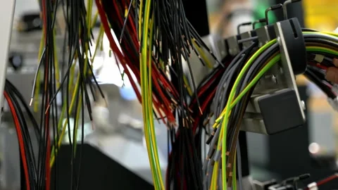 Complex network of multicolored electrical wires on a factory machine frame Stock Footage 328644933