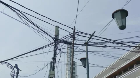 Complex network of overhead power lines and communication cables over the sky Video stock 343422778