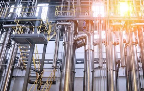 A complex network of pipes and vessels in a modern chemical processing faci.. Foto stock