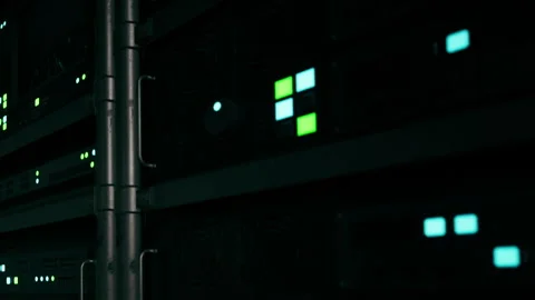 Complex Network of Servers Glowing Quietly in a Data Center at Night Stock Footage 347115639