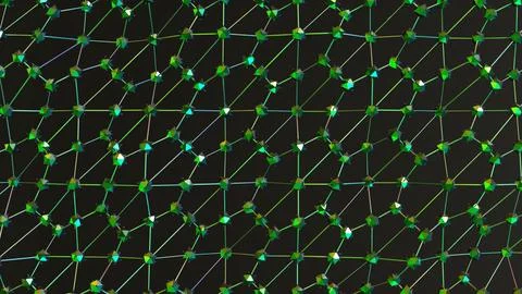 Complex neural network grid with glowing green nodes, visualizing advanced .. Stock Photos