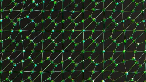 Complex neural network grid with glowing green nodes, visualizing advanced .. Stock Photos