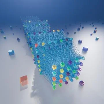 Complex Neural Network Structure Illustrated in a Colorful 3D Digital Artwork Stock Illustration