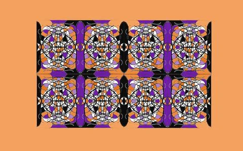 Complex Orange and Purple Geometric Mosaic Grid Pattern Stock Illustration