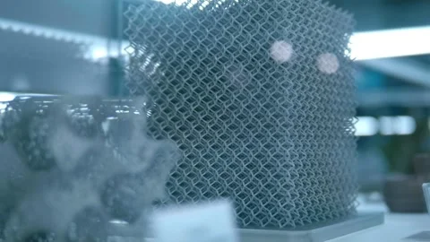 Complex parts made on a 3D printer are on display at the exhibition Stock Footage 340463648