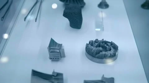 Complex parts made on a 3D printer are on display at the exhibition Stock Footage 340573546
