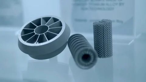 Complex parts made on a 3D printer are on display at the exhibition Stock Footage 340627223