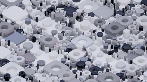 A complex pattern featuring various interlocking cubes, cylinders, and circles i Stock Footage 340238285