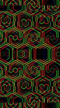 Complex pattern of lines in green and red shapes on a black background Stock Illustration