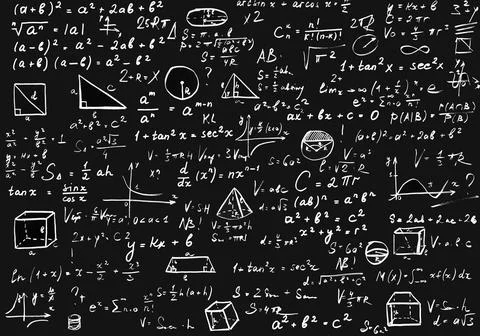 Complex Physics and Math Formulas on Black Blackboard Illustrazione stock