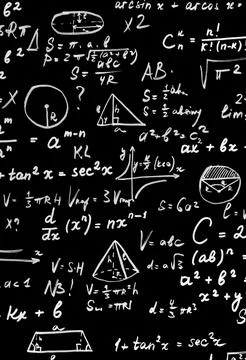 Complex Physics and Math Formulas on Black Blackboard Foto stock