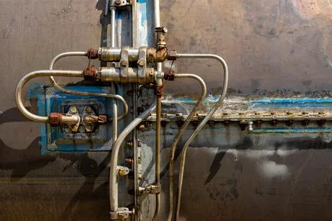 Complex pipeline system with valves and connections industrial 스톡 사진