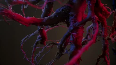 Complex plant roots with red and blue lighting, over which a beam of light Stock Footage 328167827