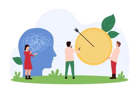 Complex problem unraveling, tiny people unravel chaos of thoughts inside human Stock Illustration