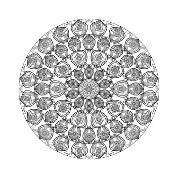 A complex radial botanical composition displays many overlapping blossoms a.. Stock Illustration