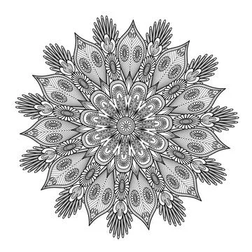 A complex radial rosette showcases overlapping flowers, feathered leaves, a.. Stock Illustration