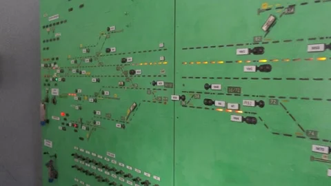 A complex railway traffic control panel with various switches and buttons. Stock Footage 329179062