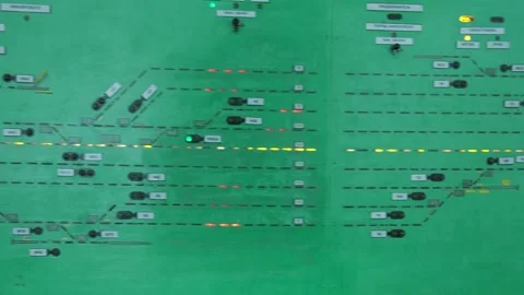 A complex railway traffic control panel with various switches and buttons. Stock Footage 329179104