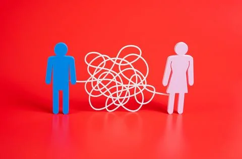 Complex relationships between man and woman. Symbol of conflicts, doubts, and Foto stock