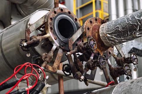 Complex repair work on the transfer pipeline at the oil refinery Stock Photos