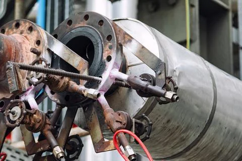 Complex repair work on the transfer pipeline at the oil refinery Foto stock