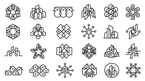 Complex residential complex icons networking structure line set. Illustrazione stock
