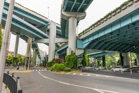 Complex road intersection with bridges, Shanghai Stock Photos