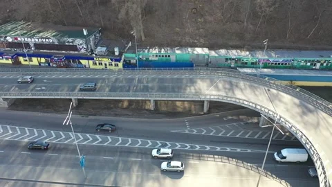 Complex road junction with two bridges and vertical shooting from a drone near Stock Footage 219743929