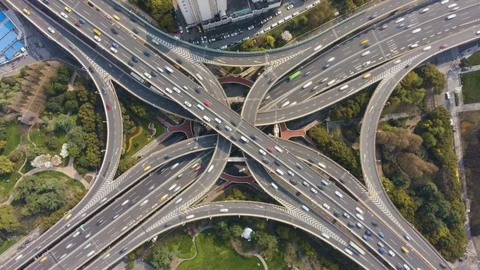 Complex Road Urban Overpass at Sunny Day. Shanghai, China. Aerial Hyper Lapse Stock Footage 108878913