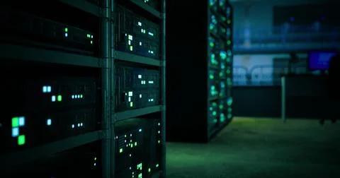 Complex server room with illuminated hardware and high tech atmosphere Stock Illustration