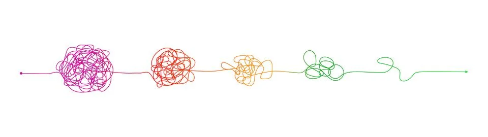 Complex to simple. Messy clew connected lines, brain imagination, scribbled Stock Illustration