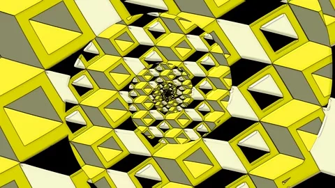 Complex spiral shapes made from yellow cubes and triangles in a dark space Stock Footage 332846269