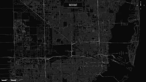 Complex street map of Miami, Florida, glowing white lines on black, minimalist Stock Footage 346773972