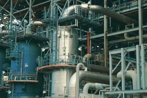 A complex system of pipes and assemblies in a plant for the production and tr Stock Photos