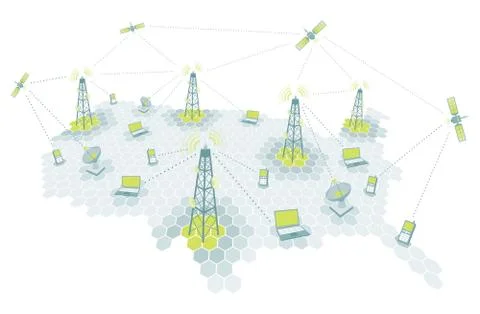 Complex telecomm network / communication diagram Stock Illustration