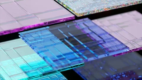 Complex transparent circuit board rotating slowly on multiple layers, showcasing Stock Footage 311505575