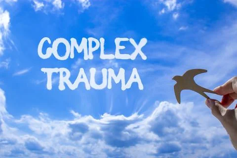 Complex trauma words symbol. Concept words Complex trauma on beautiful blue.. 스톡 사진
