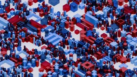 A complex, vibrant digital rendering featuring interlocking blue and red geometr Stock Footage 340238325