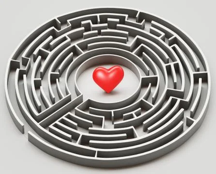 The complex world of emotions. Red heart hidden inside a maze. Love concept. 3d Stock Illustration