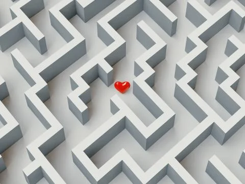 The complex world of emotions. Red heart hidden inside a maze. Love concept. 3d Stock Illustration
